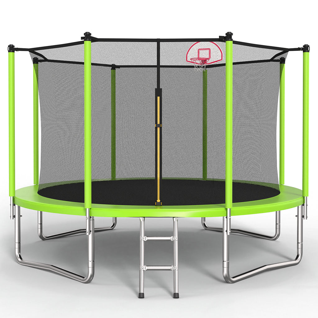 12FT Trampoline Green for Kids & Adults with Basketball Hoop and Ball ,Recreational Trampolines with Safety Enclosure for Back Yard Outdoor