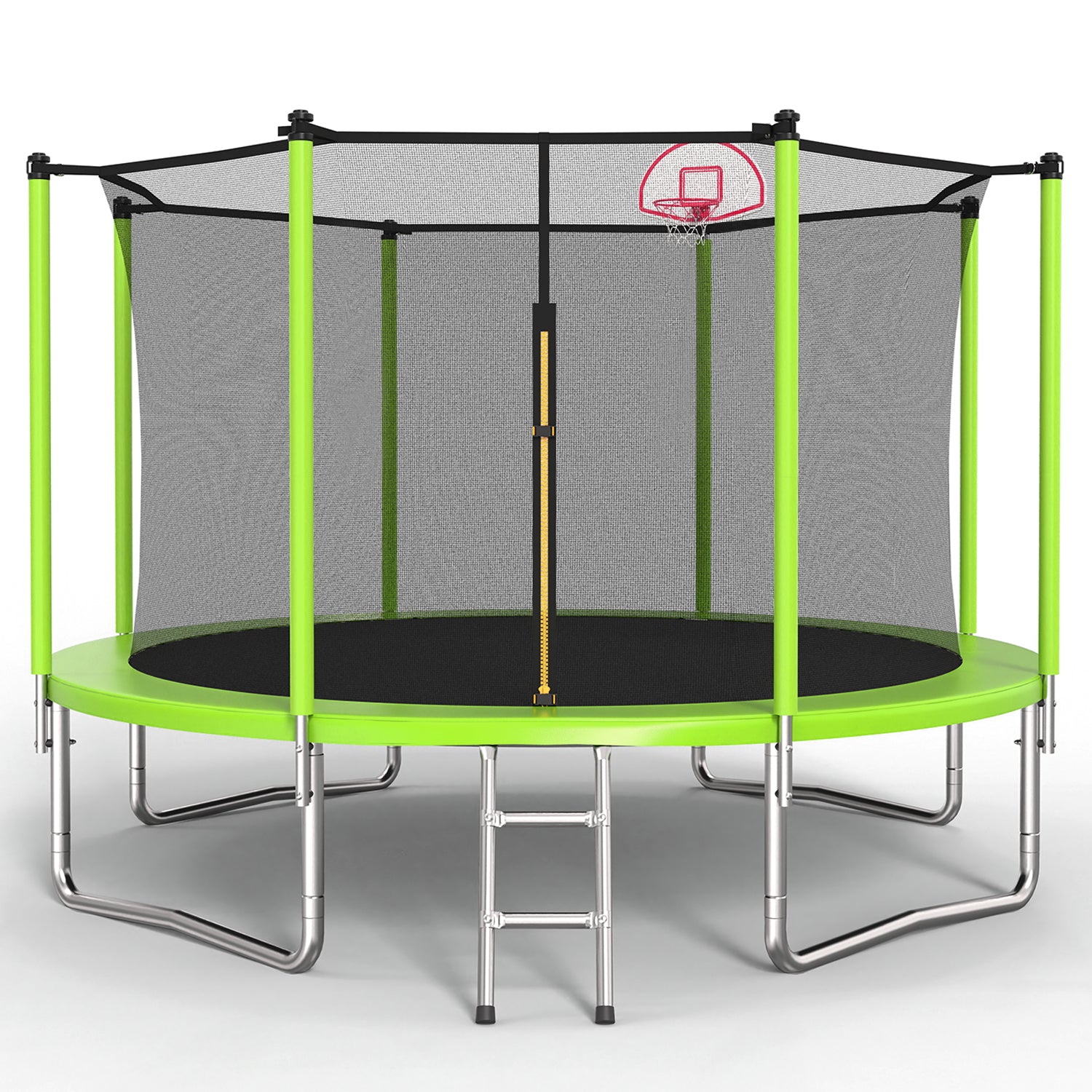 12FT Trampoline Green for Kids & Adults with Basketball Hoop and Ball ,Recreational Trampolines with Safety Enclosure for Back Yard Outdoor