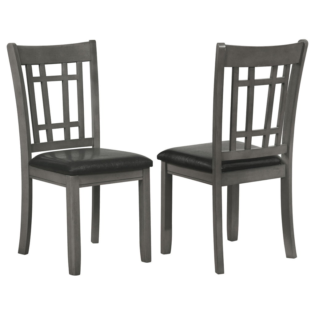 Medium Grey Lattice Back Side Chairs Set of 2 in Black Faux Leather Upholstered Seat