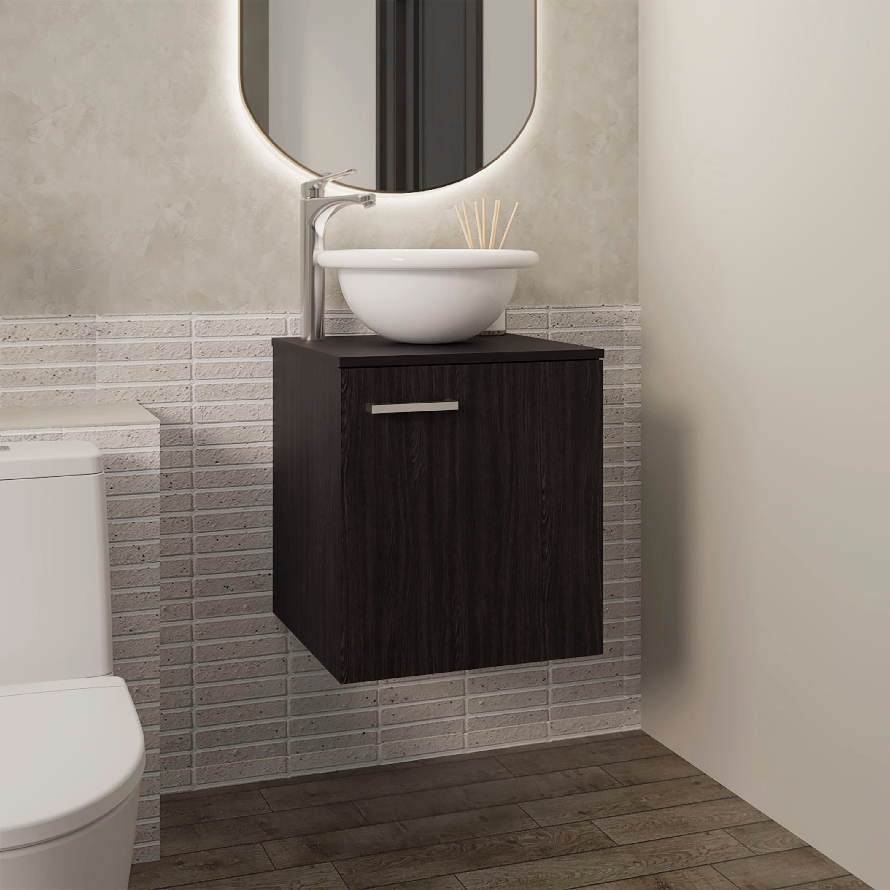 Clyde Floating, Wide One-Door Cabinet Vanity, With Wessel Sink And One Shelf, Bathroom Storage, Black