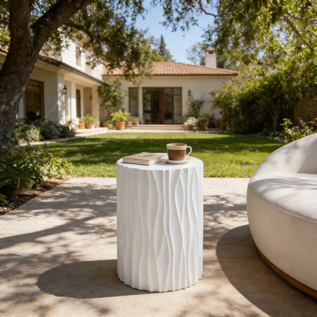 Modern White Outdoor Side Table with Wavy Fluted Design - 15.75' Round, 21.97' H, MGO Material, 66 lbs Capacity, Assembly-Free for Patio, Garden, or Balcony