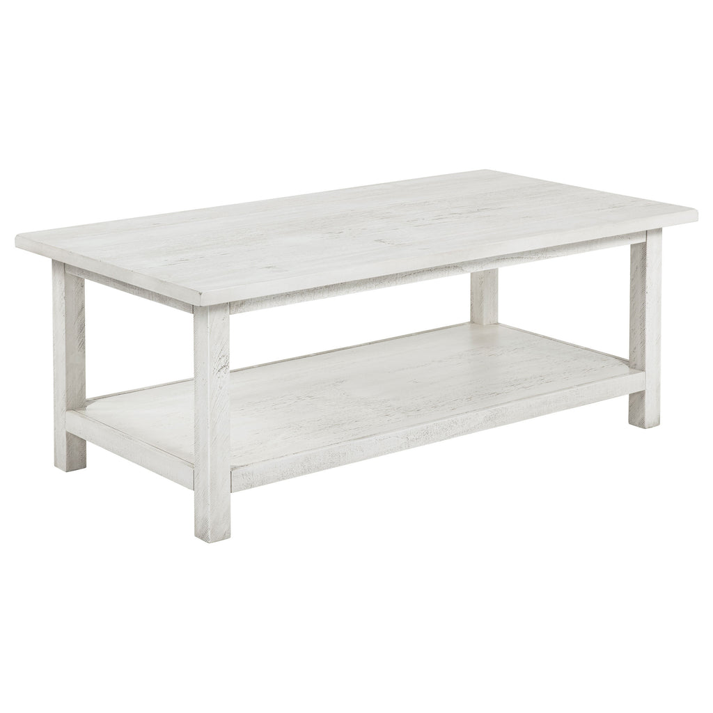Castleton Distressed White Wood Coffee Table with Shelf in Antique White, Wood, 47.25 x 24 x 18.25 inches