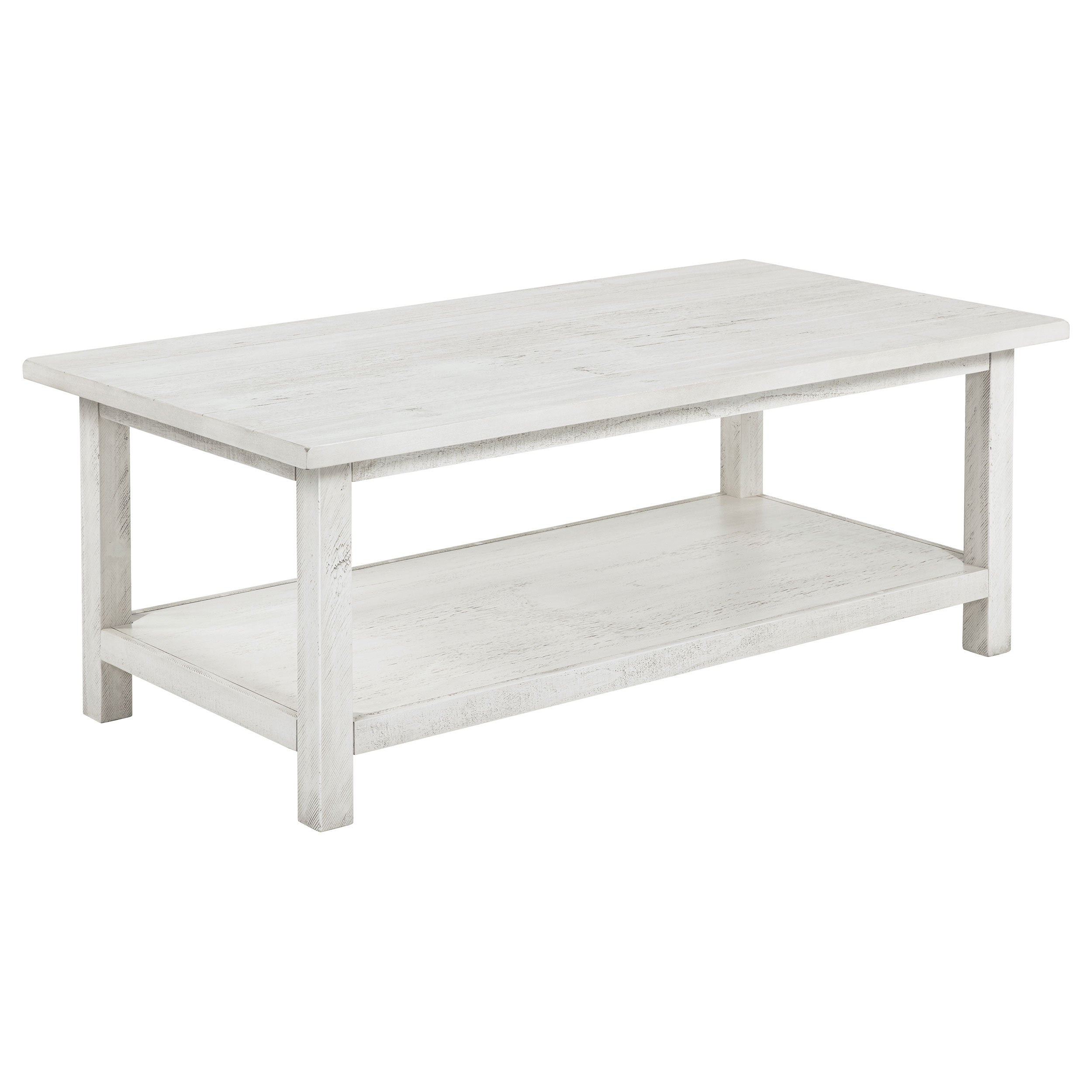 Castleton Distressed White Wood Coffee Table with Shelf in Antique White, Wood, 47.25 x 24 x 18.25 inches