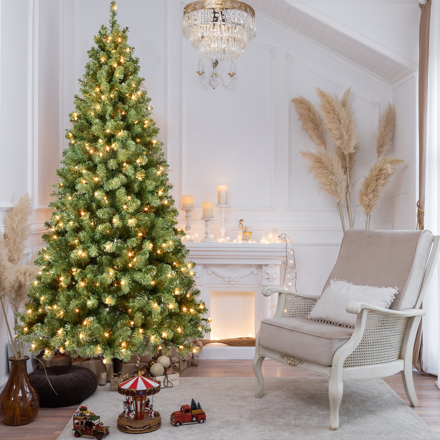 7ft Pre-Lit PVC Christmas Tree with 400 UL Lights, 1072 Tips, Auto-Unfold Memory Wire, Easy Assembly with Stable Metal Stand – Full Artificial Holiday Tree