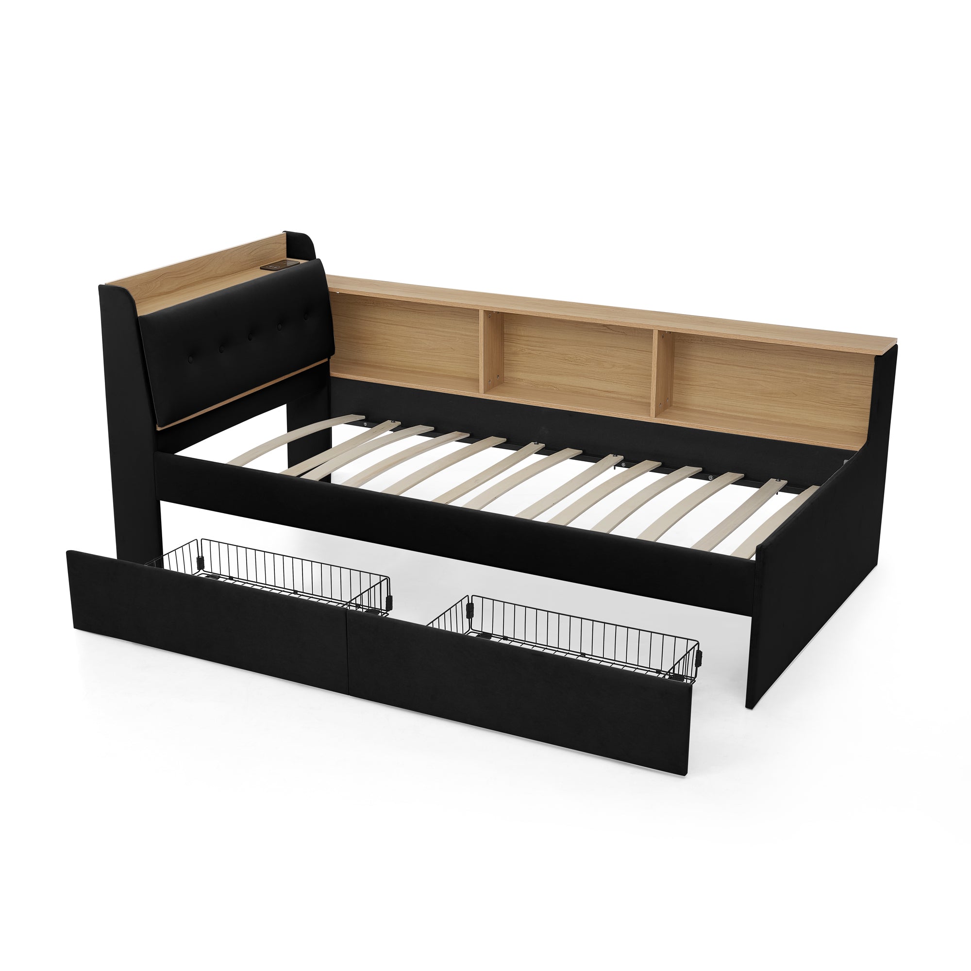 Black Velvet Upholstered Twin Day Bed with Storage Headboard, Wireless Charging, LED Lights, and Two Drawers