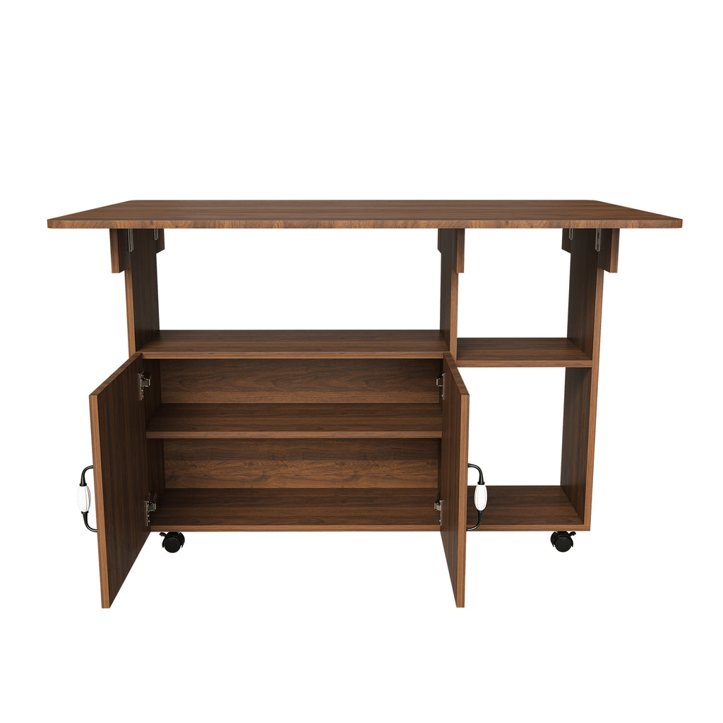 Multi-Functional Folding Table with Storage Shelves and Wheels, 47 Inch Walnut Finish Compact Desk for Kitchen, Dorm, Office