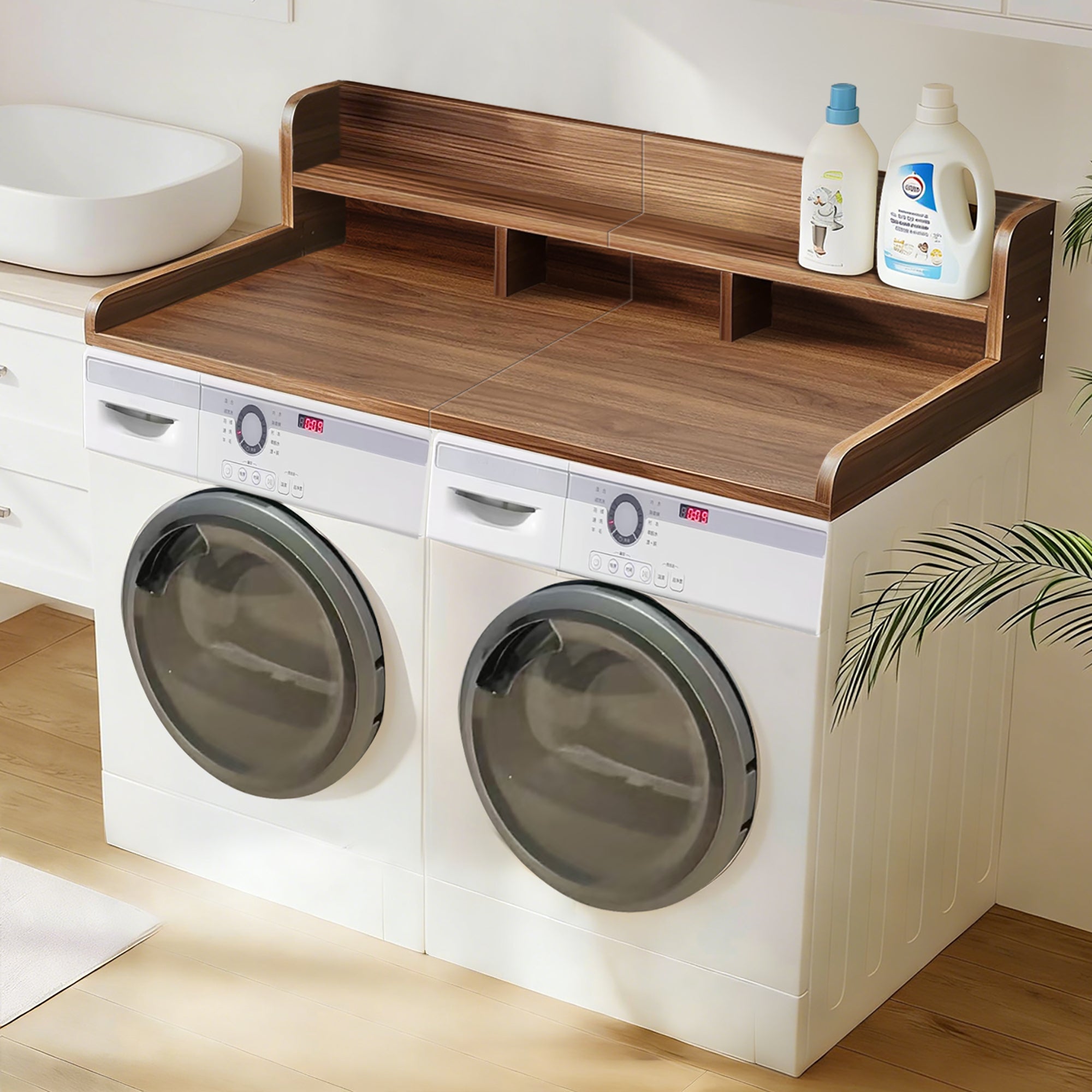 (58' Width x 28' Depth) Washer Dryer Countertop with Non-slip Pads, Laundry Wood Shelf Topper with Edge, Double Layer Organizer for Washer and Dryer Laundry Hamper Counter Storage Organization(WALNUT)