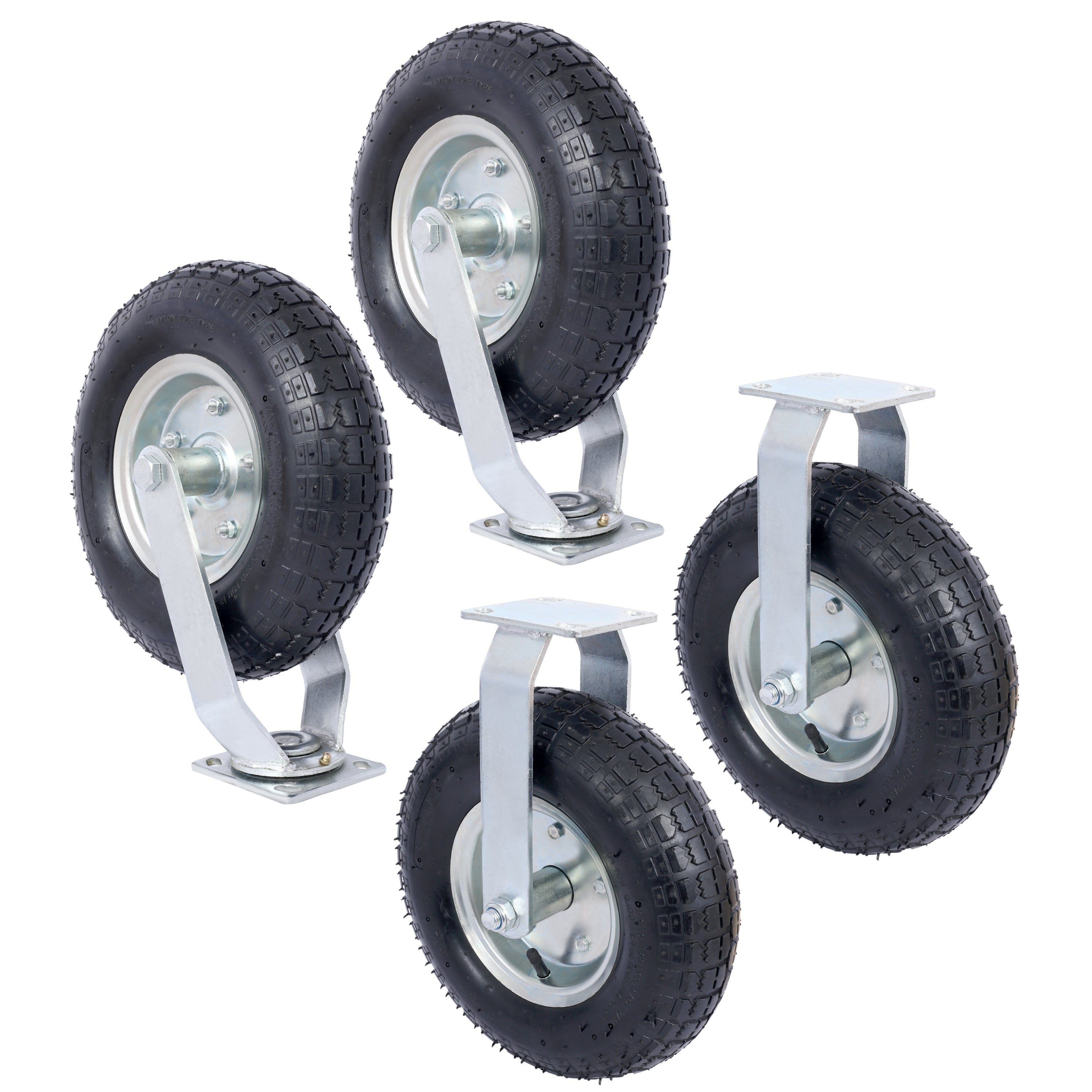 4PCS 12IN CASTER pneumatic tire(2PCS SWIVEL+2PCS RIGID), Caster Wheel, Steel Hub with Ball Bearings, 5/8-Inch Bore Centered Axle -black