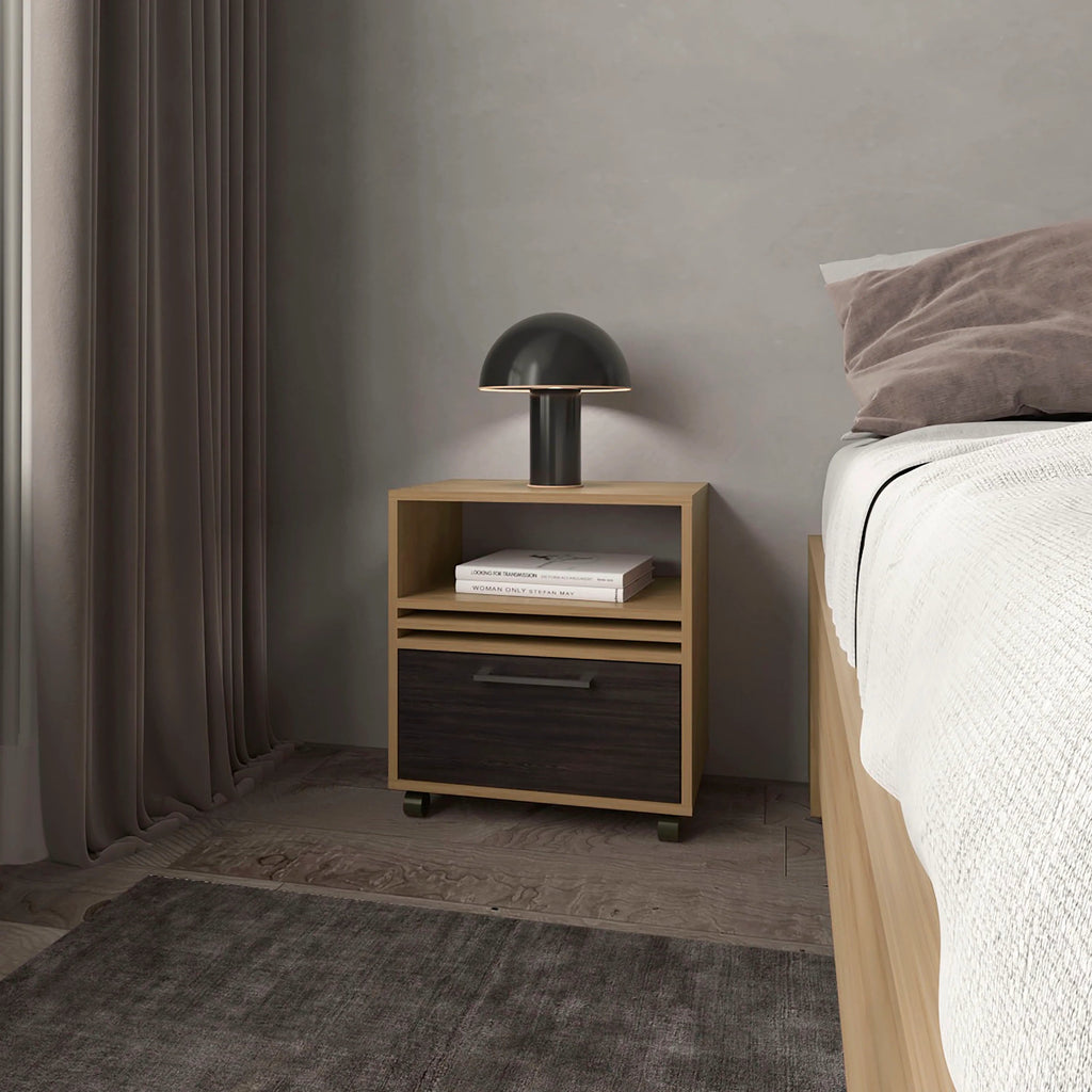 Natural Oak Nightstand with a Drawer and Open Storage