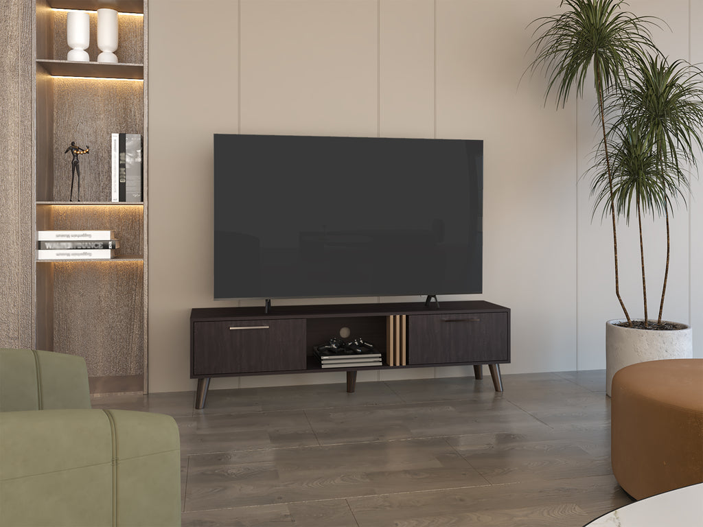 Vance 63' Wide Tv Stand  with Two pull down Cabinets, Two Shelves, Cable Management , Living Room, Tv Room Black Wengue - Light Oak