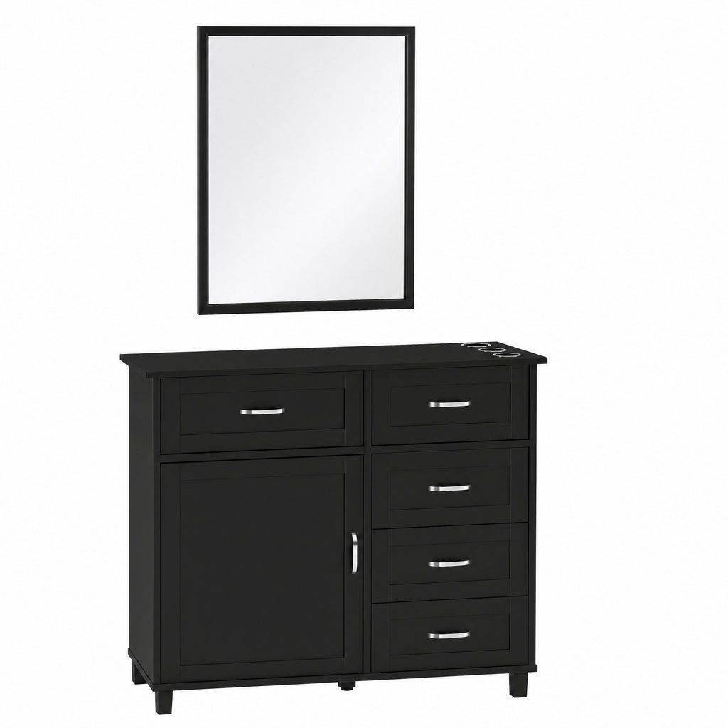 Salon Station with Metal Fram Mirror, Barber Cabinet with Wall-Mount or Cabinet-Mount Mirror, Styling Station with Drawers & Storage Cabinet for Hair Salon, Barber Shop, Beauty Spa,Black