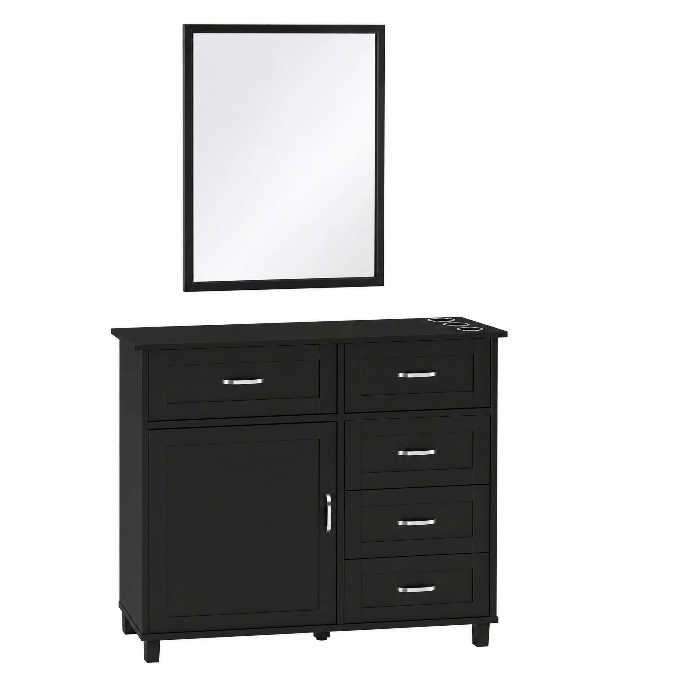 Salon Station with Metal Fram Mirror, Barber Cabinet with Wall-Mount or Cabinet-Mount Mirror, Styling Station with Drawers & Storage Cabinet for Hair Salon, Barber Shop, Beauty Spa,Black