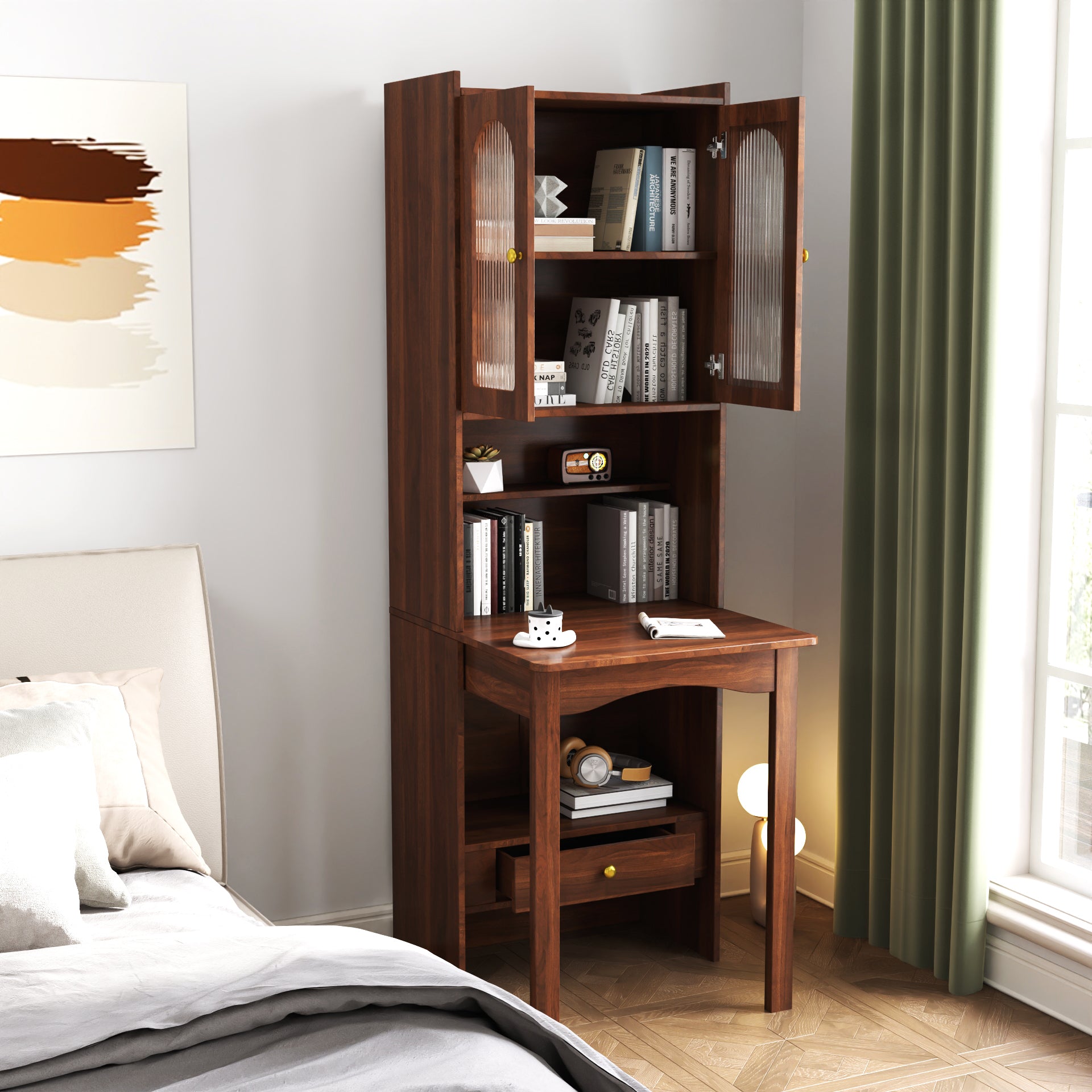 Fold-Out Convertible Writing Table,  Desk Cabinet with shelf and drawer Multi-Function Home Office Workstation