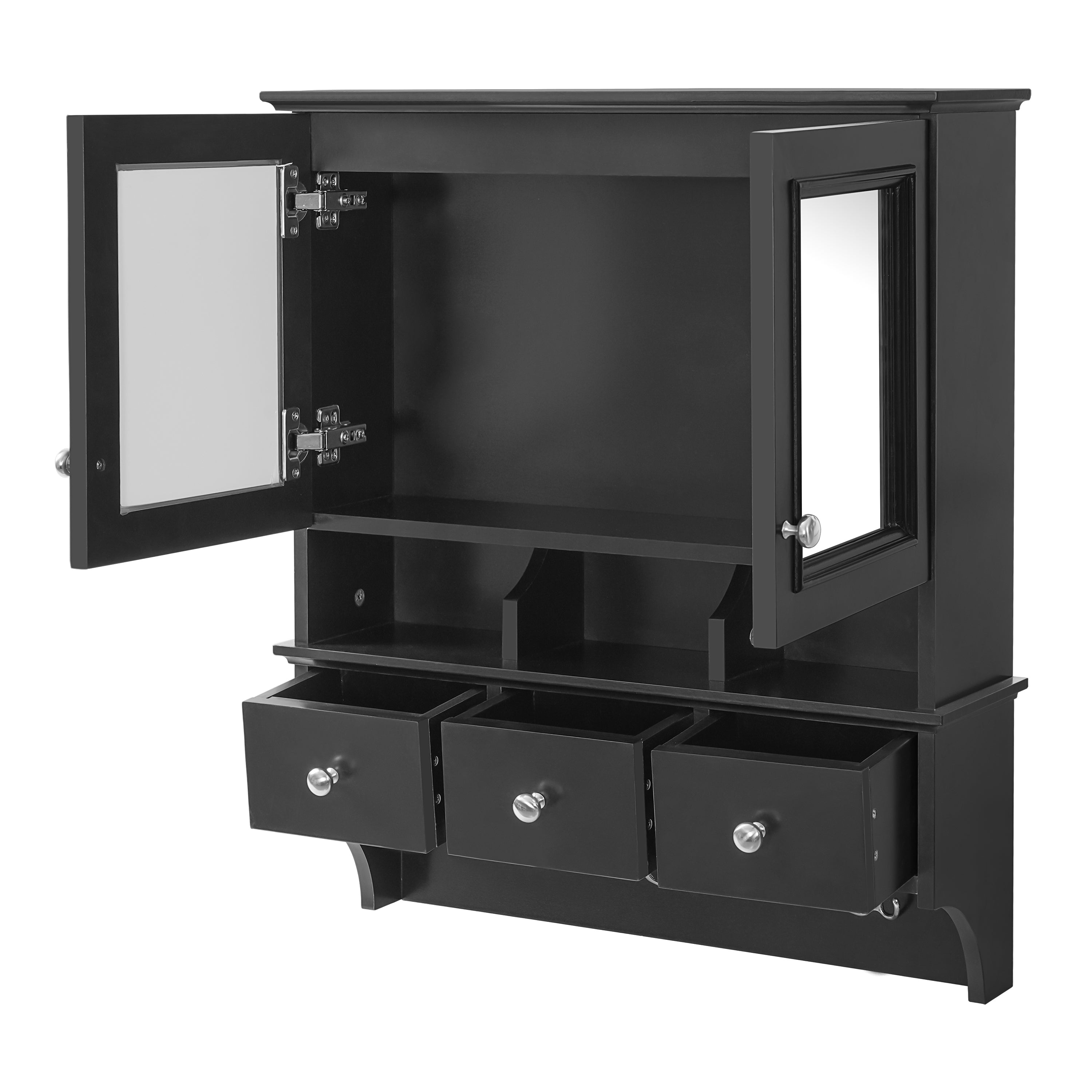 Modern 24-inch Black Bathroom Mirror Cabinet with Drawers, Organizer Hooks, and High-Definition Mirrors - Solid Wood Frame with MDF Panels