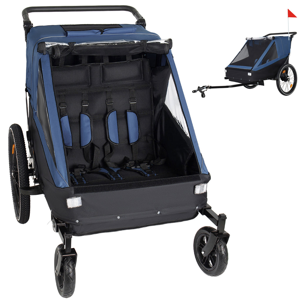 2 in 1 Kids Bike Trailer and Stroller for 1 to 2 Children, Jogging Function, Foldable Compact Storage with Universal Bike Hitch, 5-Point Harness and Storage Bags, Dark Blue