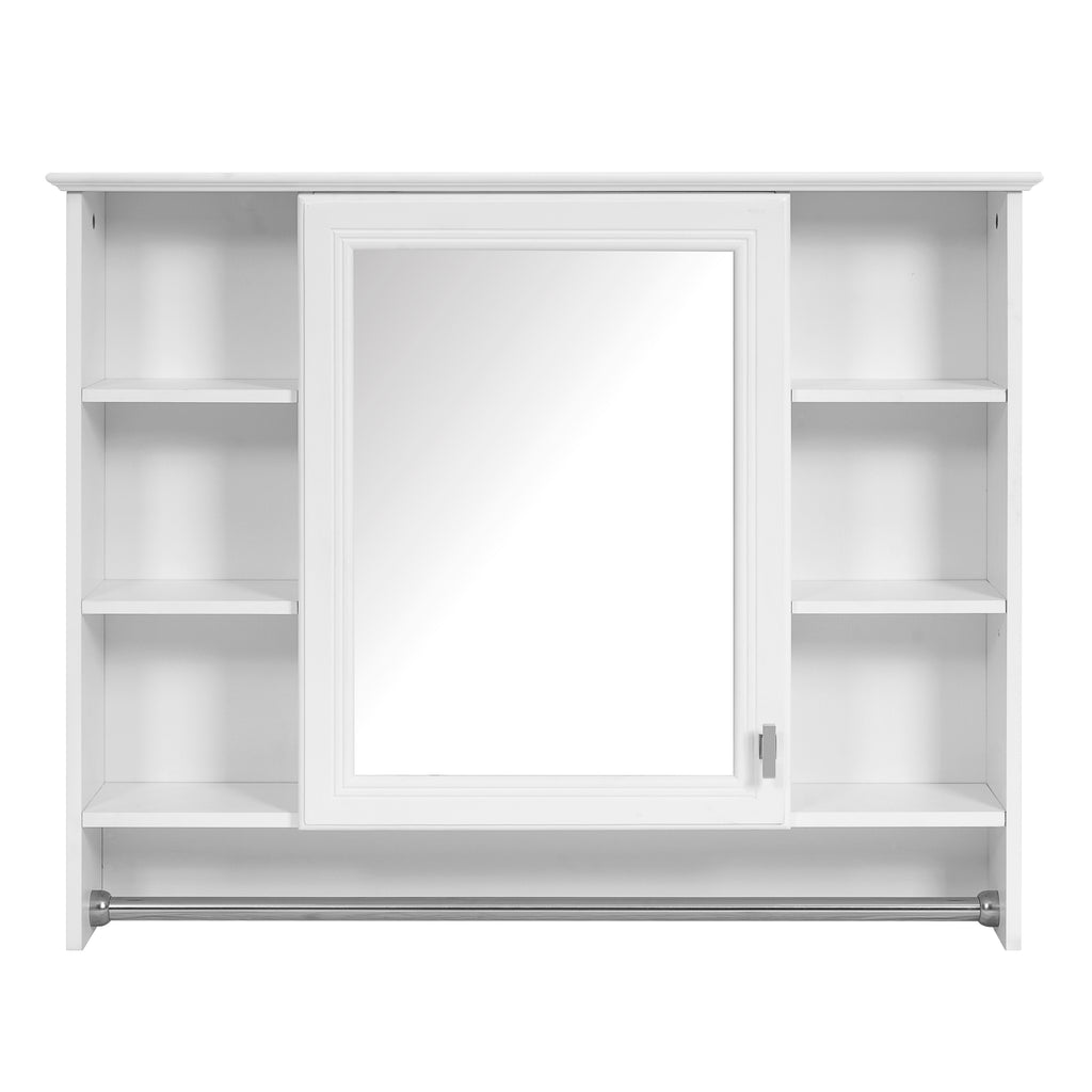 3-in-1 Wall-Mounted Bathroom Mirror Cabinet with Adjustable Shelf, Soft-Close Door, High-Definition Mirror in White Finish, MDF and Rubber Wood Construction, 36-Inch