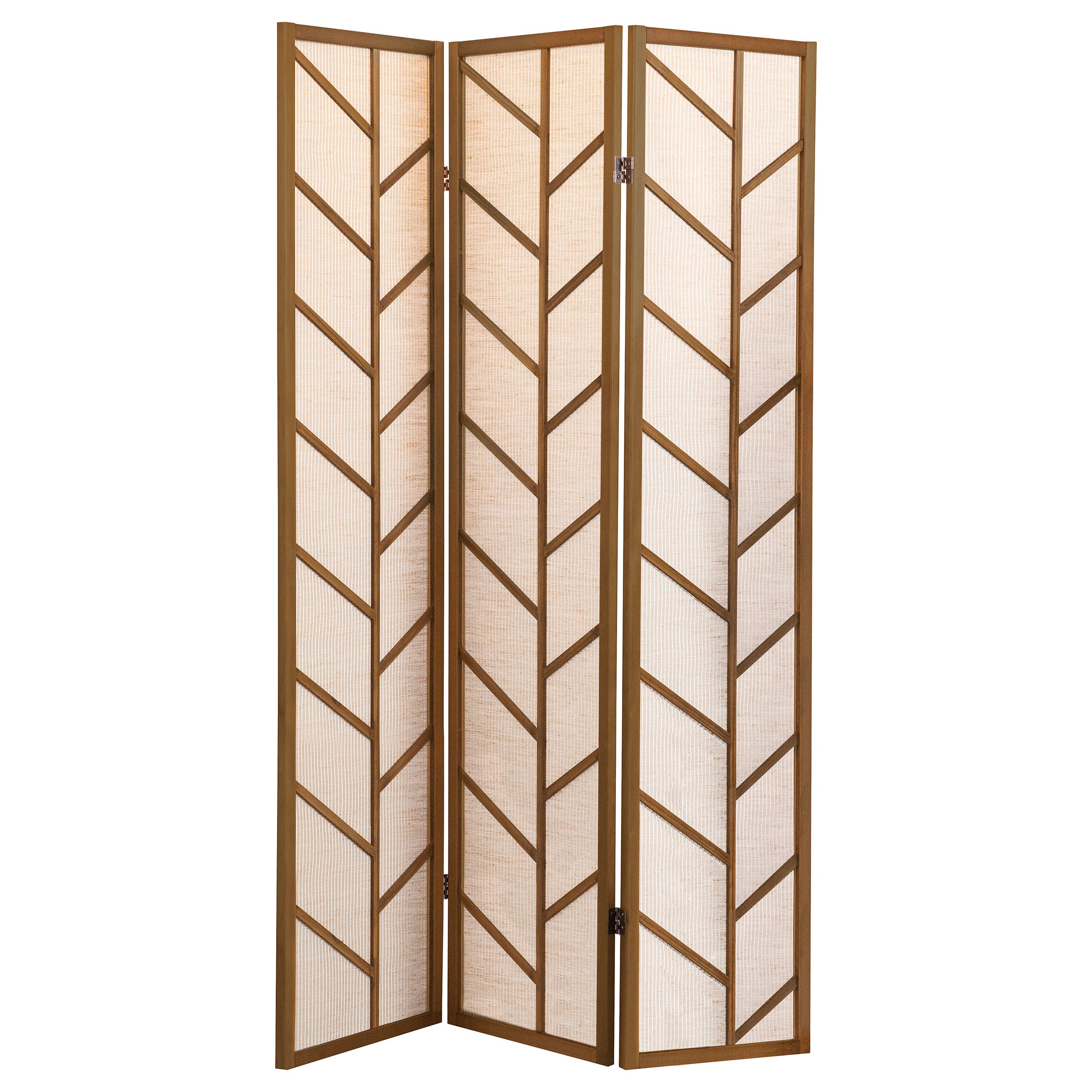 Walnut and Linen Foldable 3-Panel Screen with Natural Jute Panels and Pine Frame