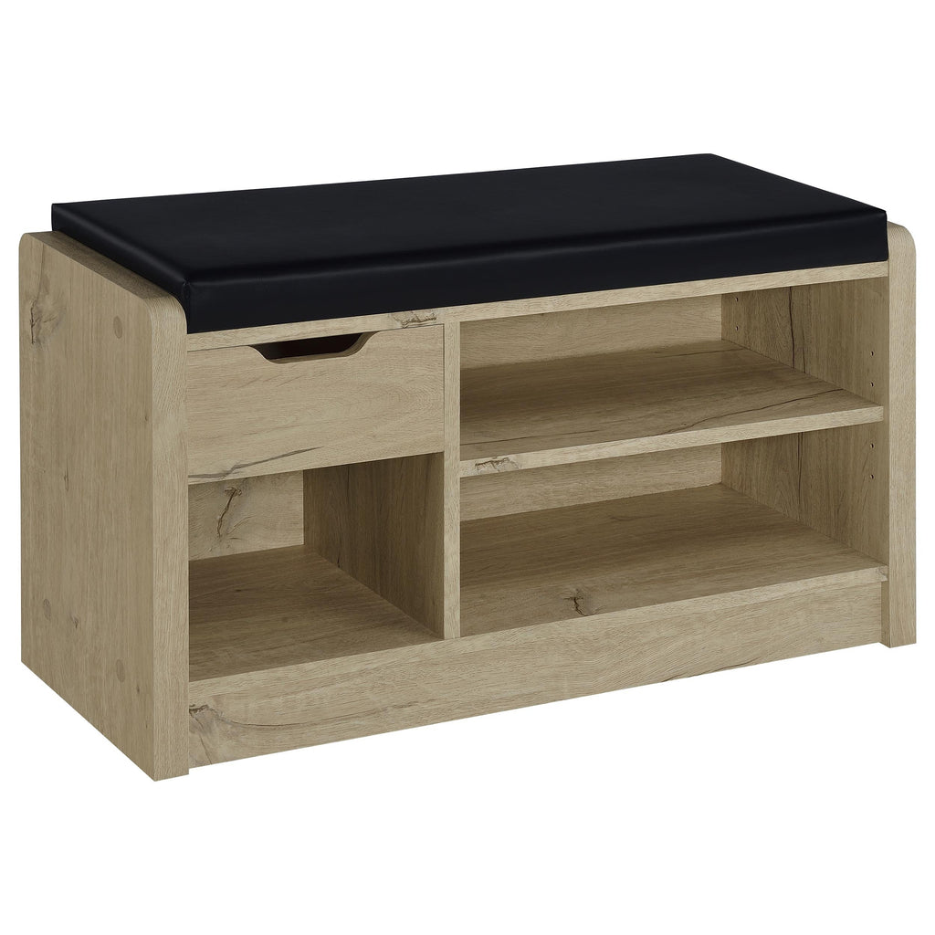 Astor White Oak Open Shelf Storage Bench with Black Faux Leather Seat and Pull-Out Drawer