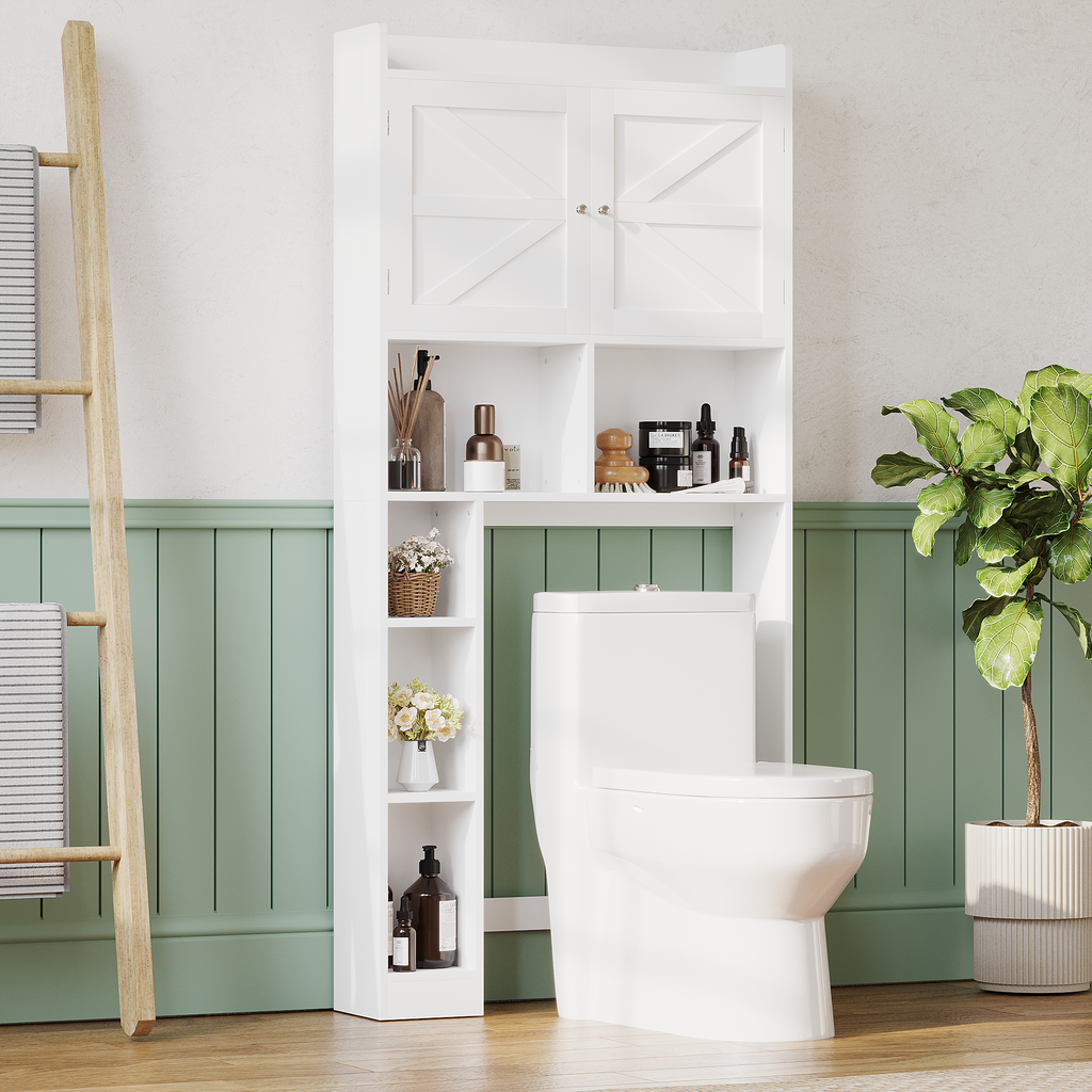 Over-The-Toilet Storage Cabinet with Adjustable Shelf, Bathroom Space Saver with Double Doors and Open Shelves, Freestanding Toilet Organizer Rack for Bathroom Storage – White