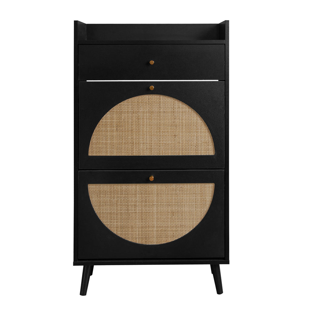Allen Rattan 2-Door 1-Drawer Cabinet Shoe Rack for Entrance, Black Particle Board, Double Layer