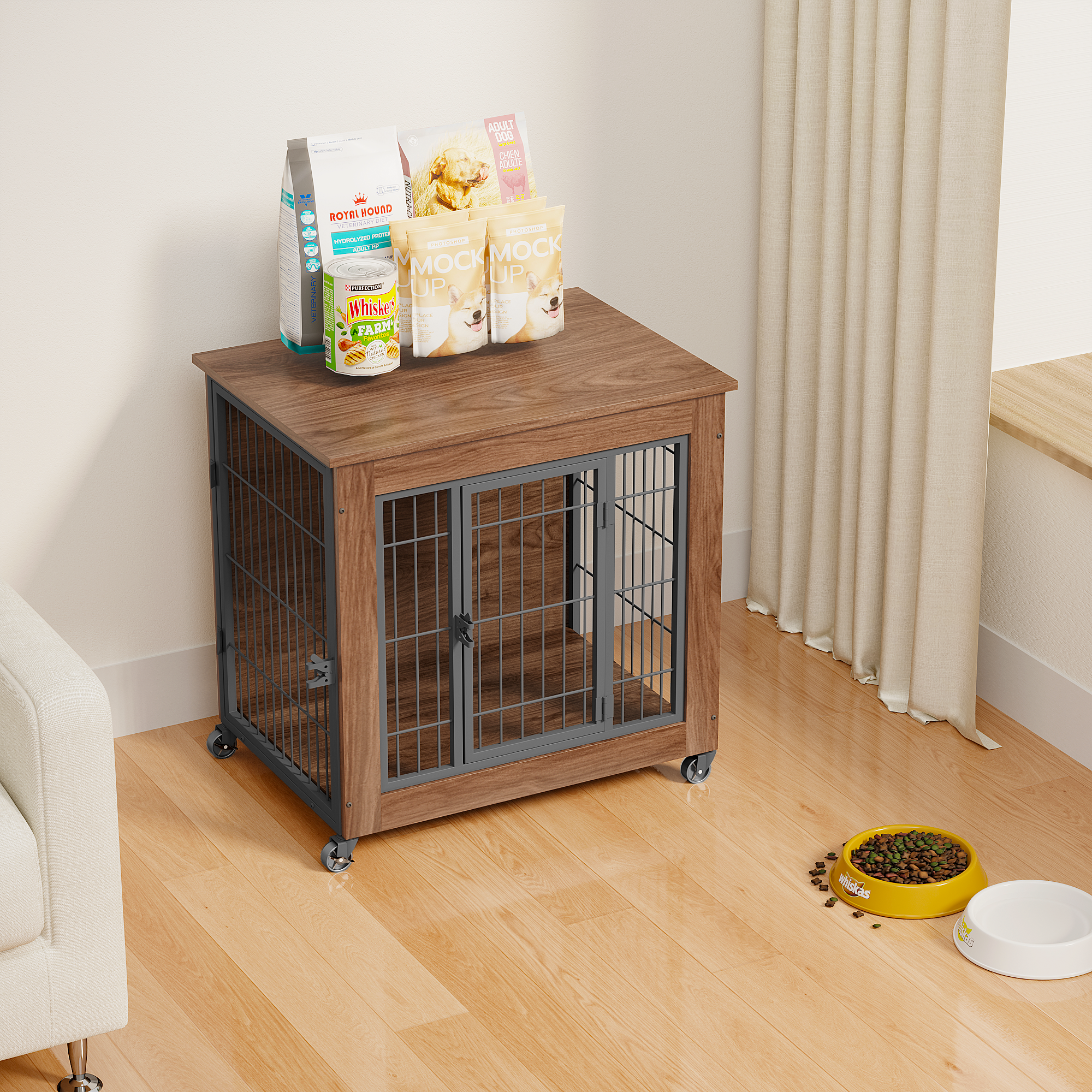 27.2' Dog Crate Furniture with Wheels for Small Dogs, Heavy Duty Dog Kennel Indoor with 2 Doors, Wooden Pet Cage End Table, Double-Doors Sturdy Metal Dog Cage for Anxiety Dog