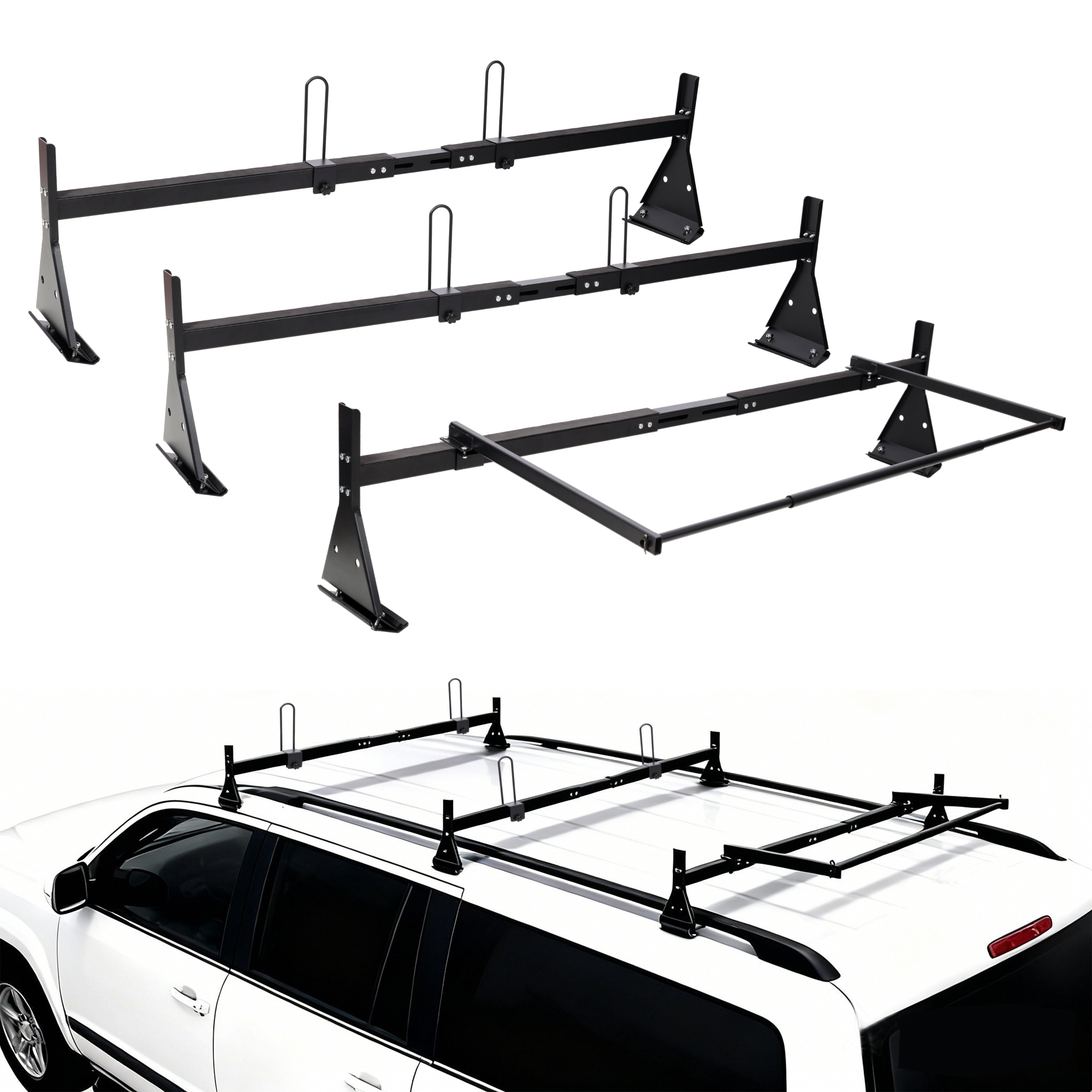 Ladder Roof Racks with Rear Roller, 3 Bars,800 lbs Capacity Heavy-Duty Steel Roof Racks for Van,for Vans with Rain Gutter Only