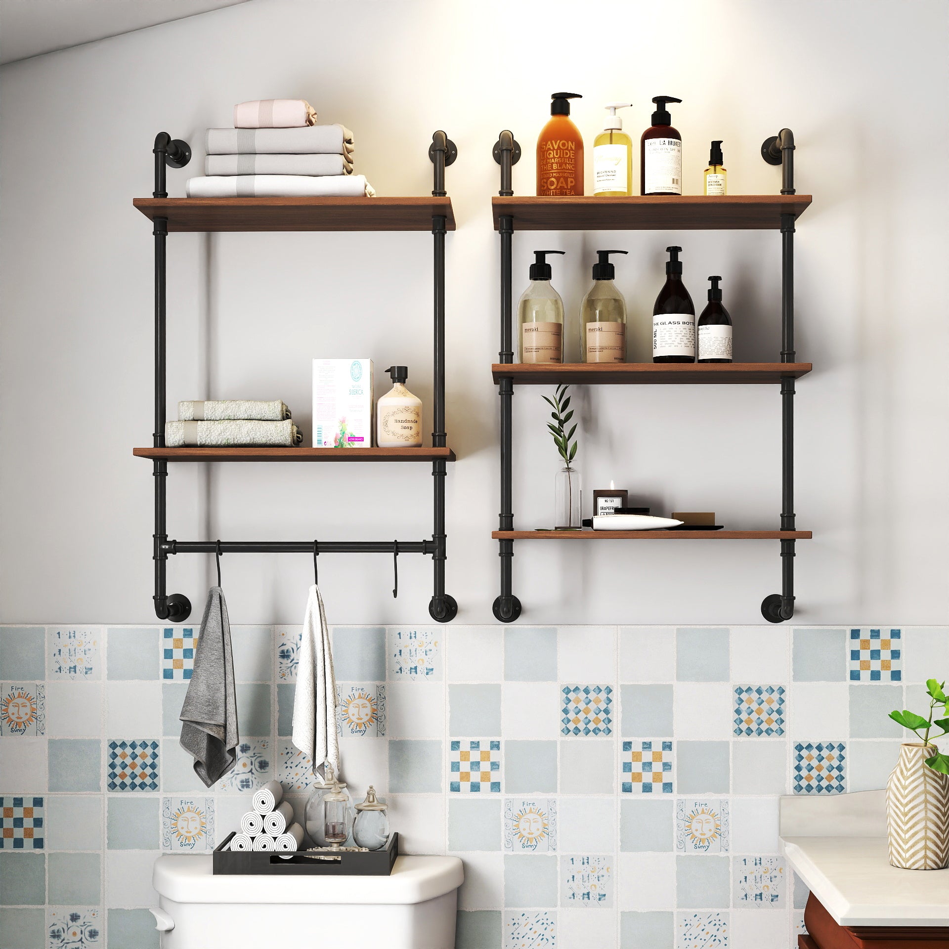 Industrial Pipe Shelf 3 Tier and 2 Tier Wall Mounted Shelves  36in Wood Display Shelves, and 3 additional hooks,Farmhouse Kitchen Bar Shelf, DIY Bookshelf Unit Hanging Wall Shelves for Bedroom...