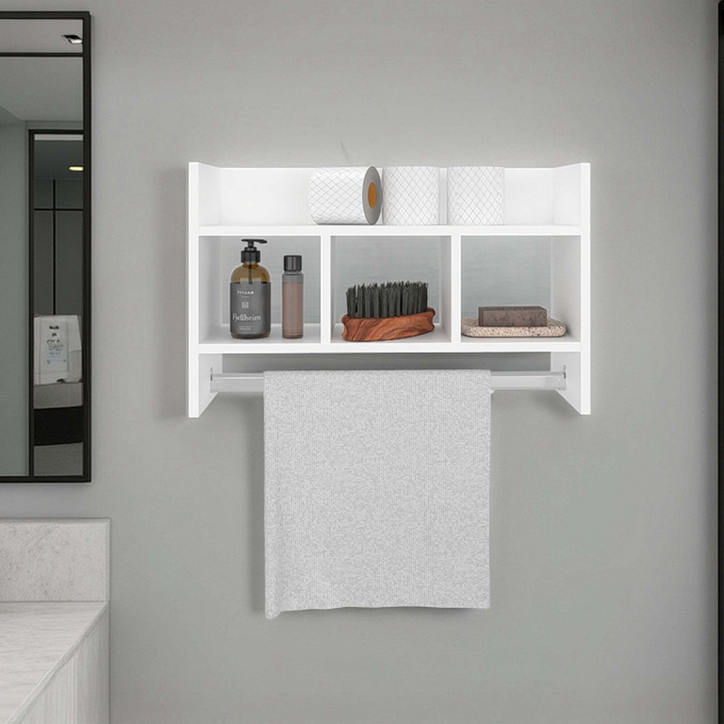 White Bath Shelf with Towel Bar, Open Shelf, and Storage Space