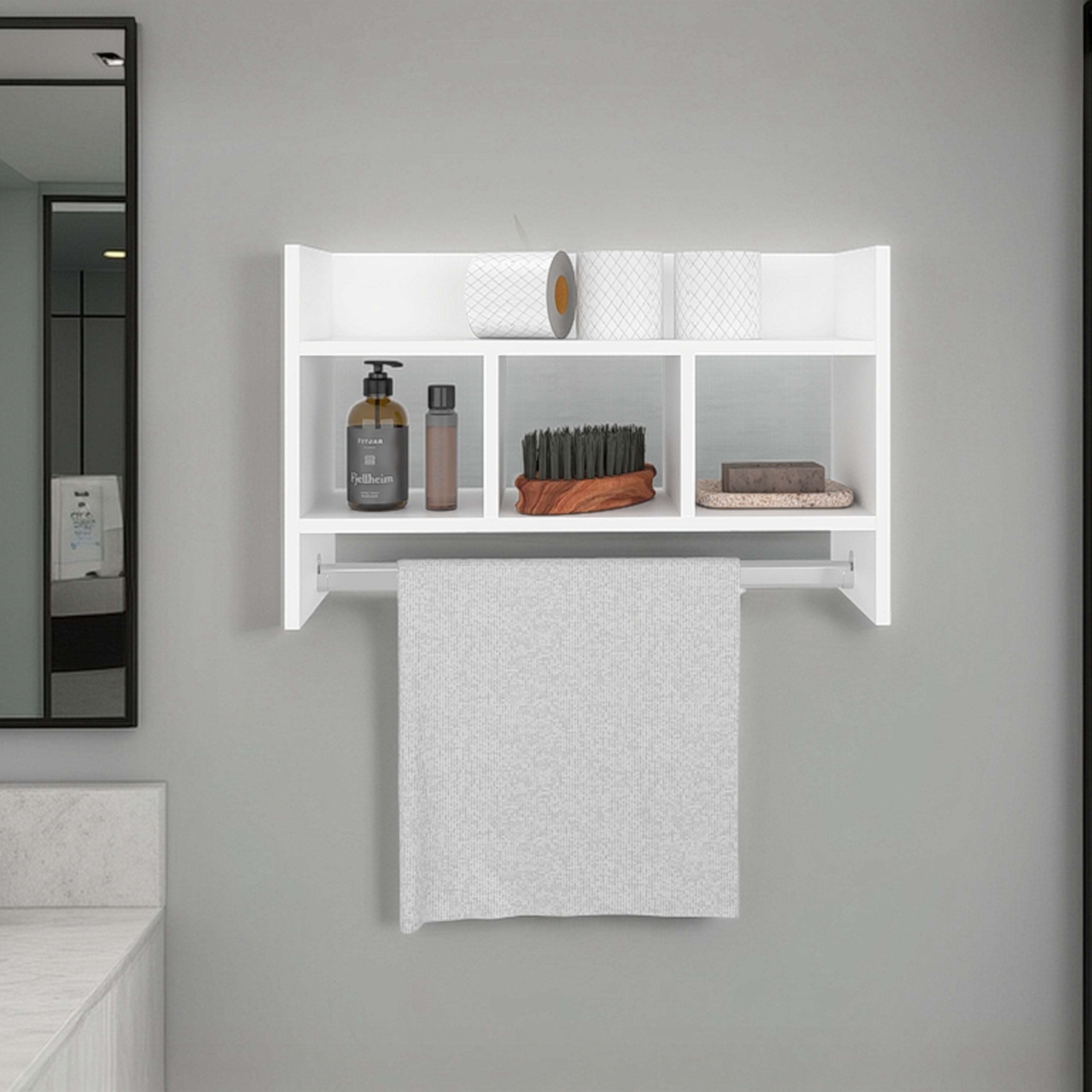 White Bath Shelf with Towel Bar, Open Shelf, and Storage Space