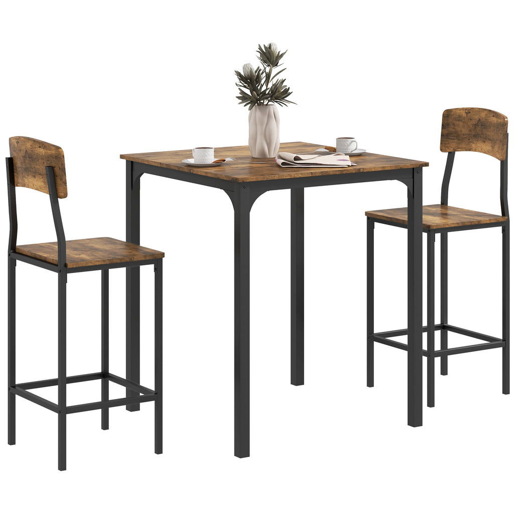 HOMCOM 3 Piece Counter Height Bar Table and Chairs Set, Industrial Small Dining Table Set for 2, Square Kitchen Table and Stools with Steel Frame, Rustic Brown and Black
