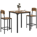 HOMCOM 3 Piece Counter Height Bar Table and Chairs Set, Industrial Small Dining Table Set for 2, Square Kitchen Table and Stools with Steel Frame, Rustic Brown and Black