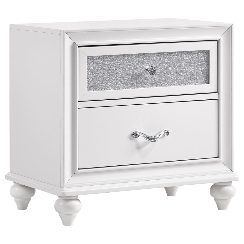 Barzini 2-Drawer Nightstand White: Modern Storage with Crisp Finish, Crystal Hardware, and Sleek Design