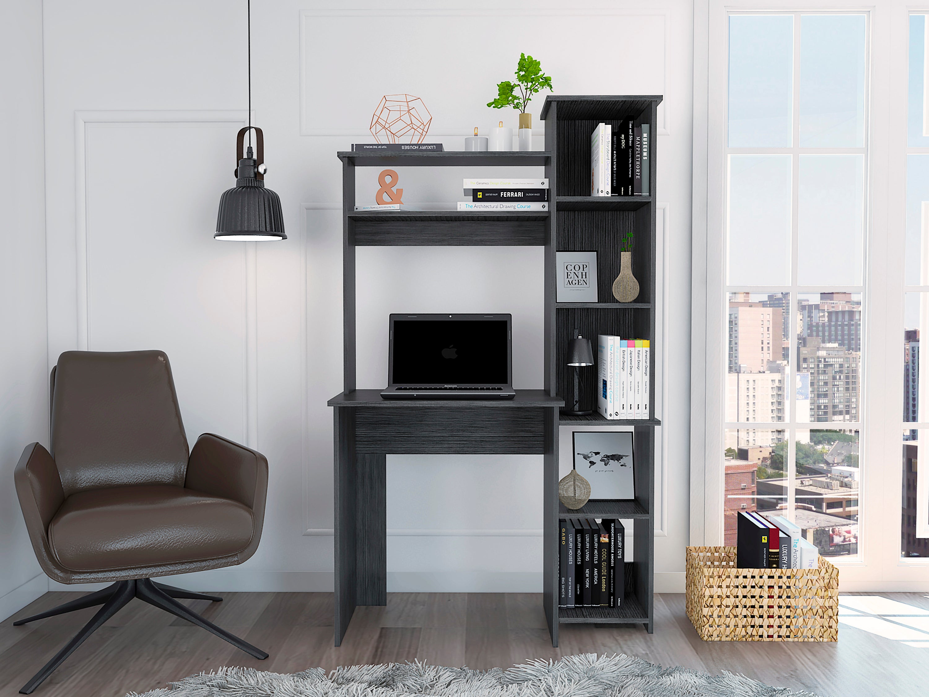 Versalles Writintg Desk, Two Superior Shelves, Five Cubbies -Smokey Oak