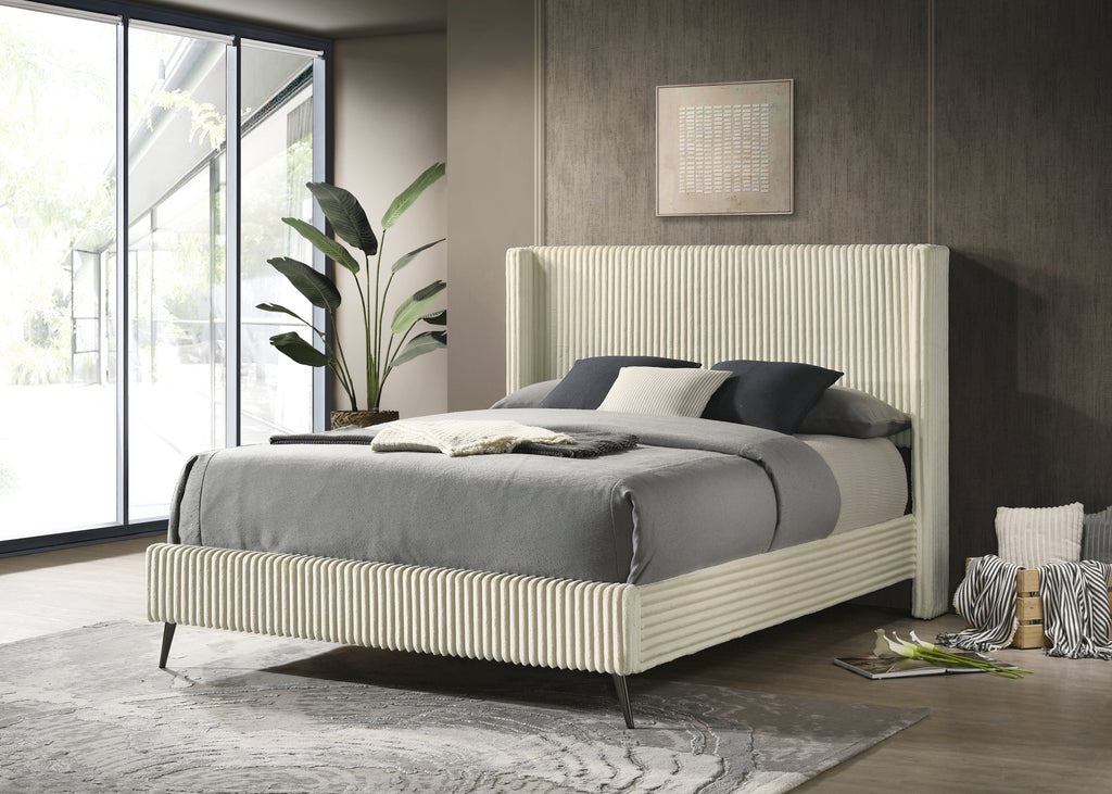 Mavela Wide Wale Corduroy Upholstery Panel Queen Bed, Cream