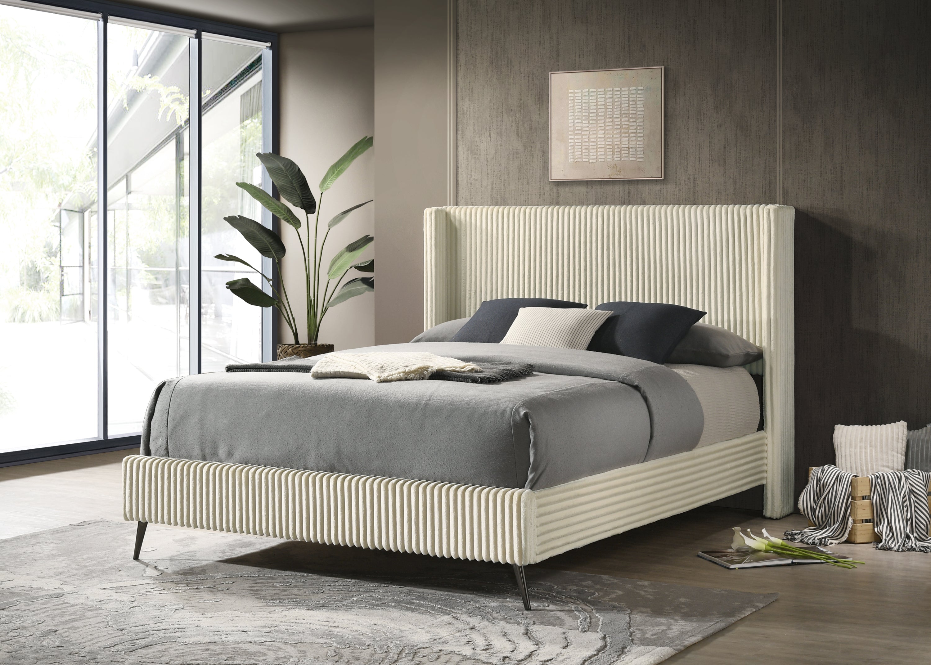 Mavela Wide Wale Corduroy Upholstery Panel Queen Bed, Cream