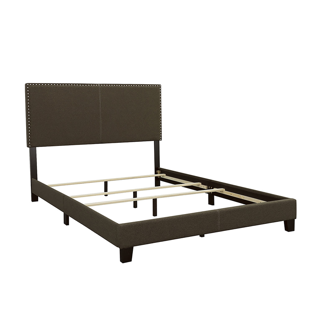 Charcoal Queen Bed with Nailhead Trim: Transitional Style Headboard in Charcoal Upholstered Fabric, Chrome Nailhead Accents, Asian Hardwood Frame