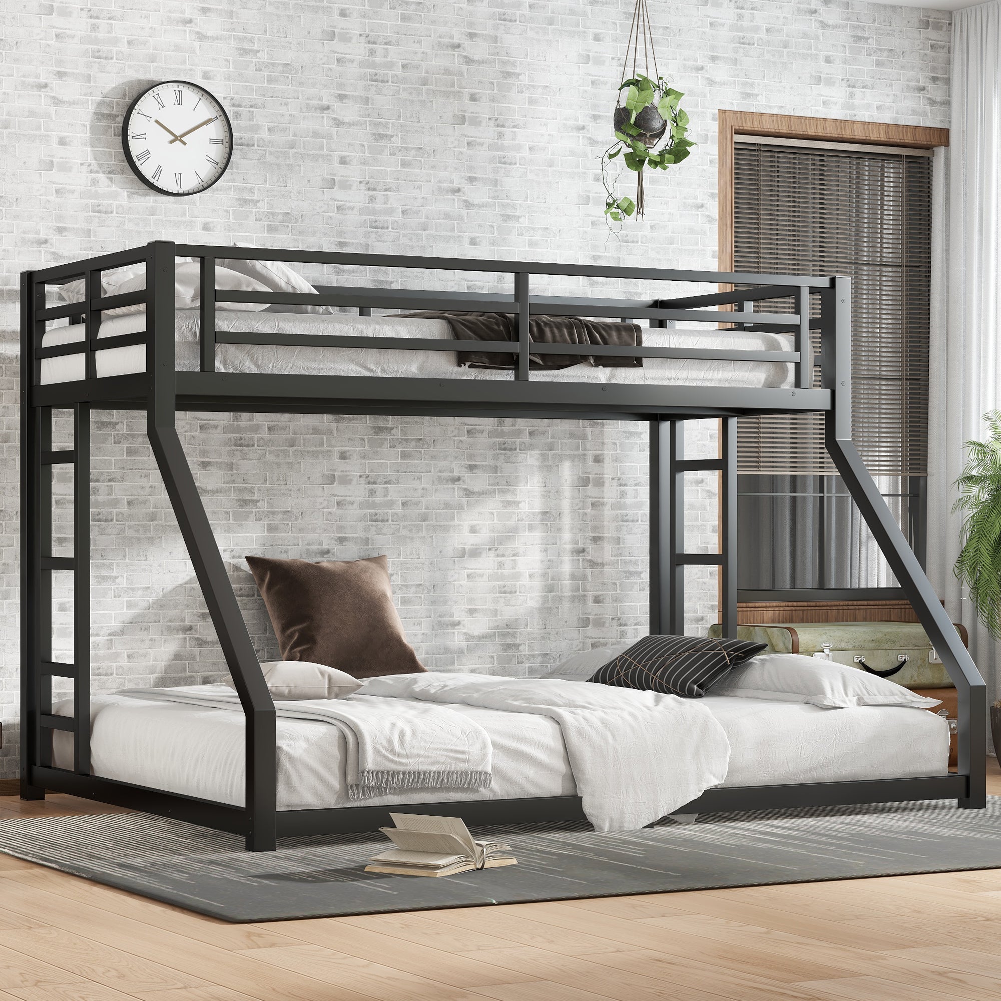 Metal Twin XL over Queen Bunk Bed for Teens and Adults,Space-Saving/Noise Reduced/No Box Spring Needed, Black