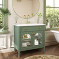 35.6' Mid-Century Bathroom Vanity Sink with Patterned Glass & Motion-sensor Light Strip, Farmhouse Freestanding Bathroom Vanity Sink with Storage, High-end Restroom Vanity Cabinet,Green