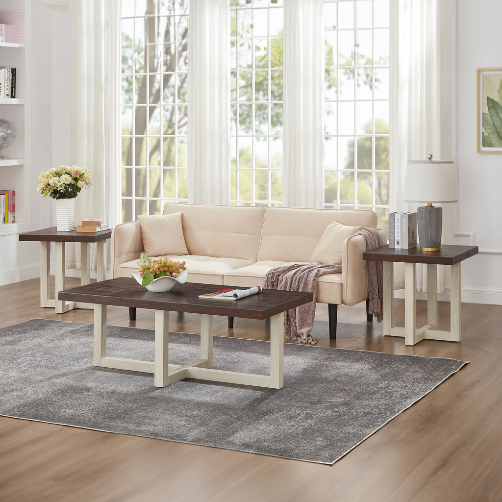 Luno 3-Piece Coffee Table Set, Coffee Table and Two End Tables, Walnut and White