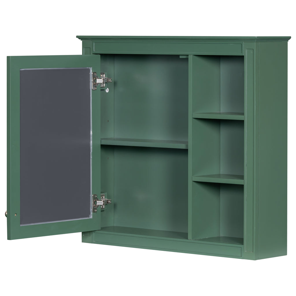 Modern Green Wall-Mounted Medicine Cabinet with Mirror, 30'' x 28'', MDF and Glass, 3 Open Shelves