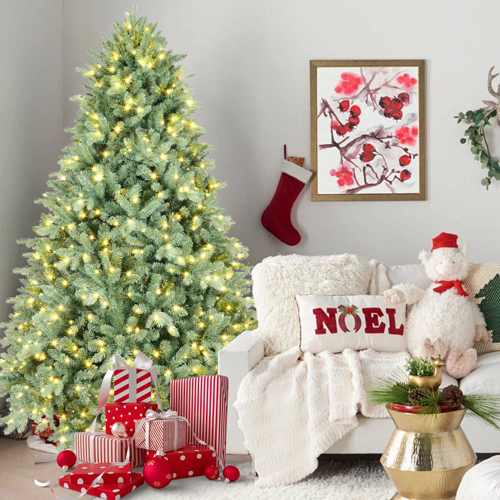 7.5FT Blue-Green Tint Pre-Lit Christmas Tree with 800 Warm White LED Lights – 2908 PE+PVC Tips, Hinged Branches for Easy Setup, Sturdy Metal Stand, Unique Holiday Decoration