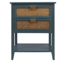 2-Drawer Side Table - Natural Rattan - End Table - Suitable for Bedroom, Living Room, or Study - Green MDF