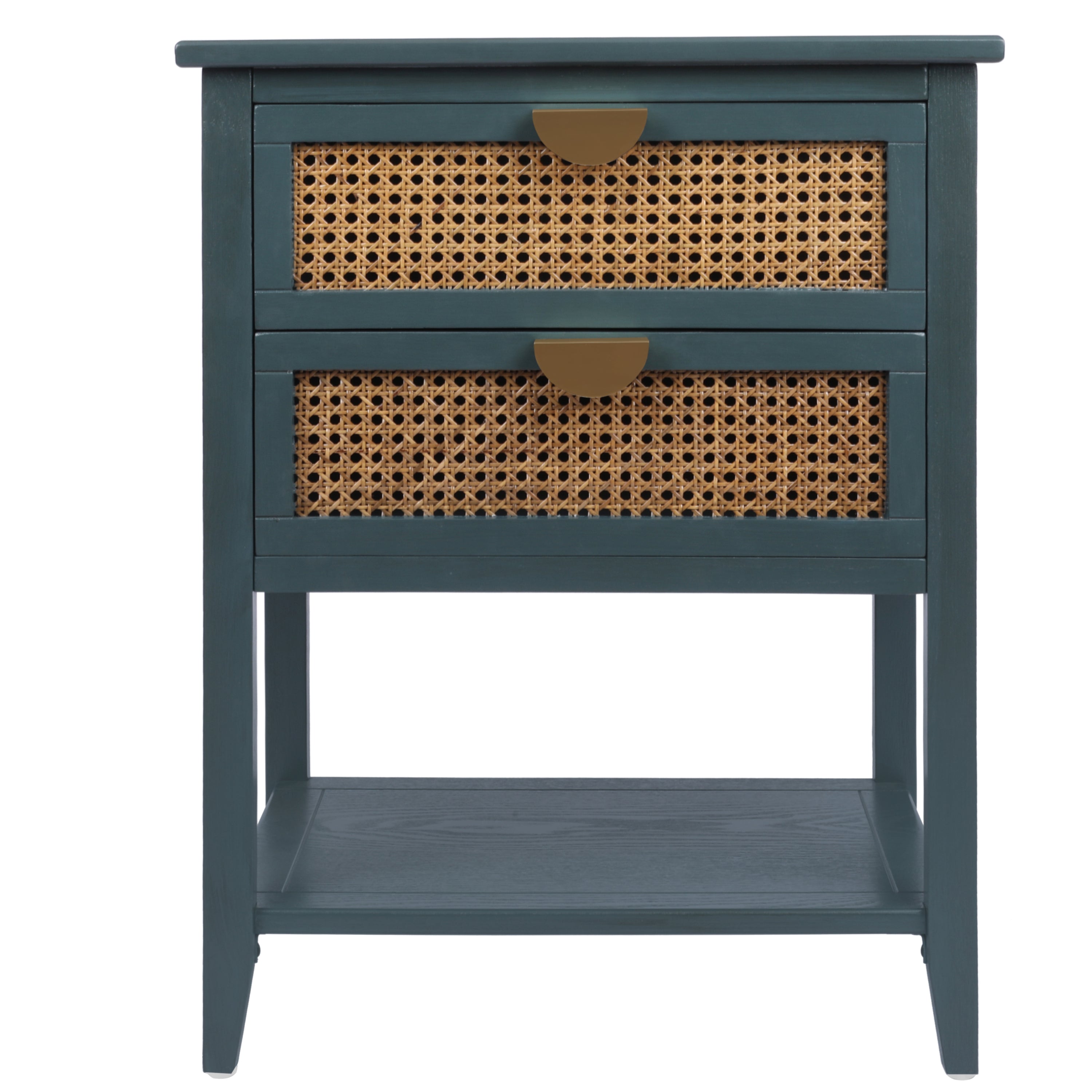 2-Drawer Side Table - Natural Rattan - End Table - Suitable for Bedroom, Living Room, or Study - Green MDF