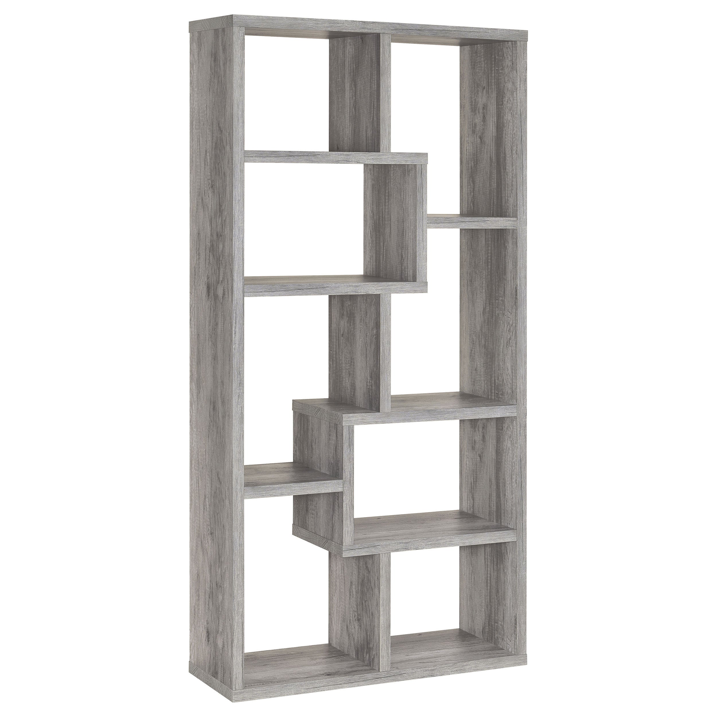 Lawton Grey Driftwood 7-Shelf Bookshelf with Asymmetrical Compartments, Engineered Wood, Grey Driftwood Finish, 70.75H x 35W x 11.75D