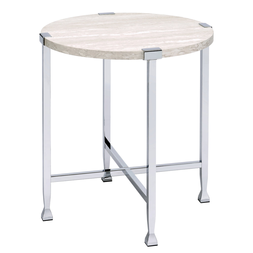 White Oak and Chrome End Table with X Shape Base