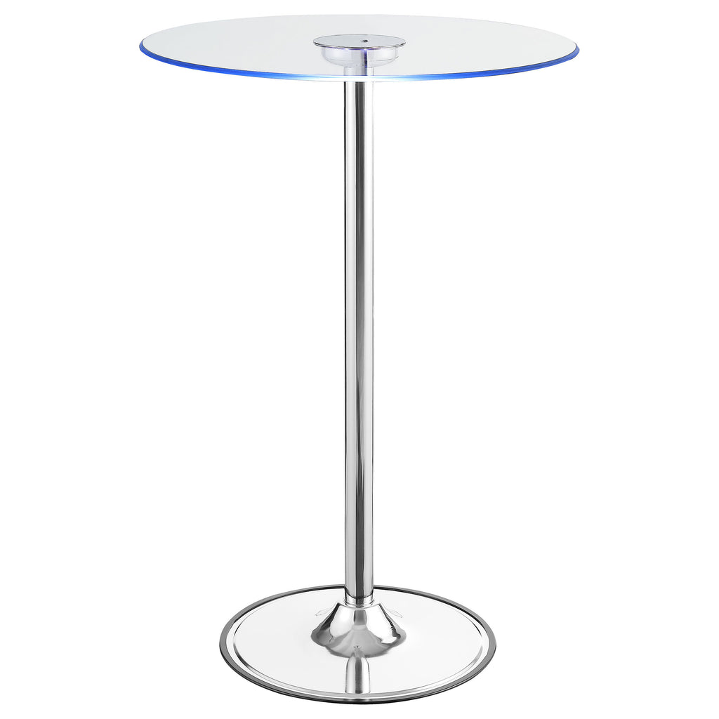 Indra Chrome Glass Top LED Bistro Bar Table with Dimmable Light, Modern Metal and Glass Design in Chrome Finish