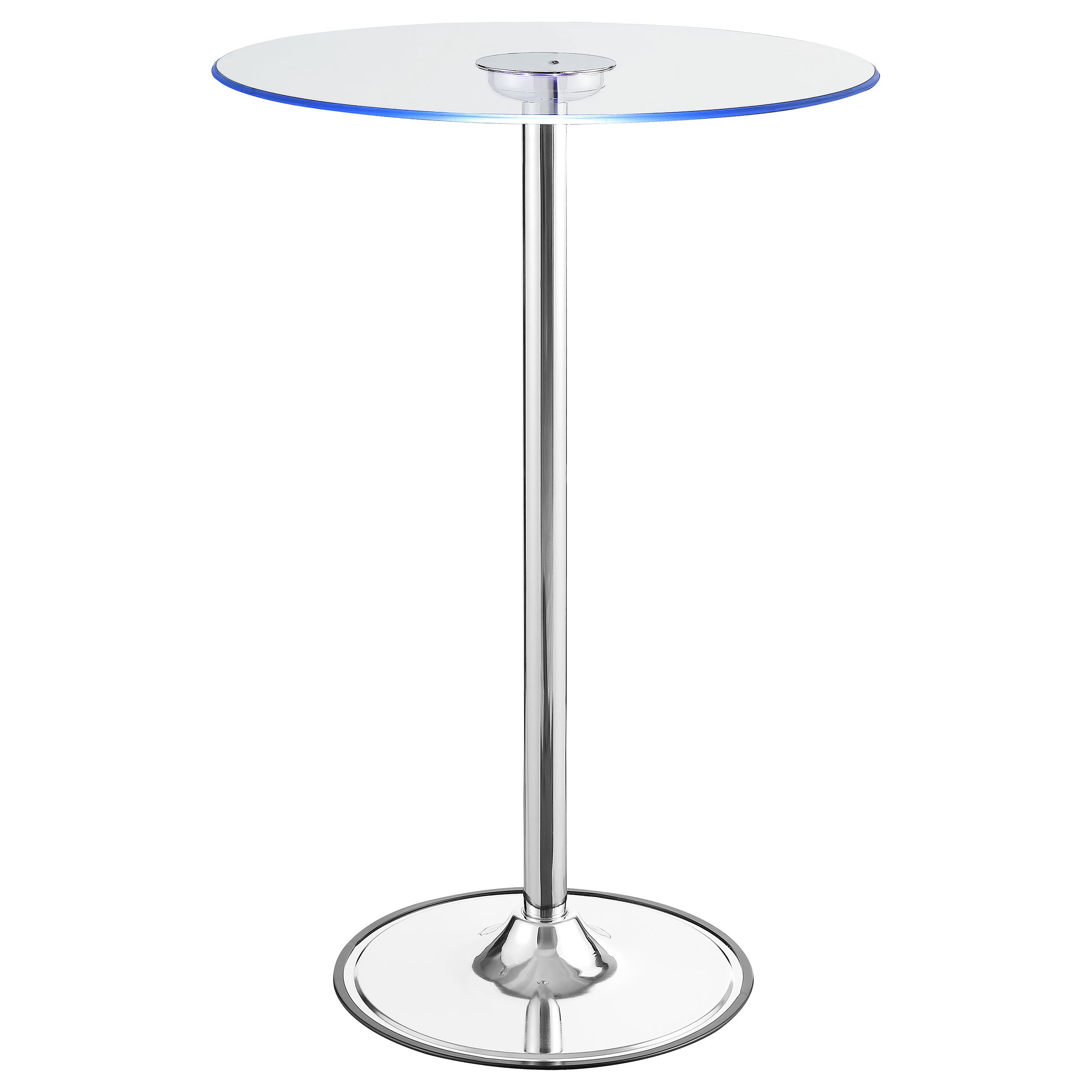 Indra Chrome Glass Top LED Bistro Bar Table with Dimmable Light, Modern Metal and Glass Design in Chrome Finish