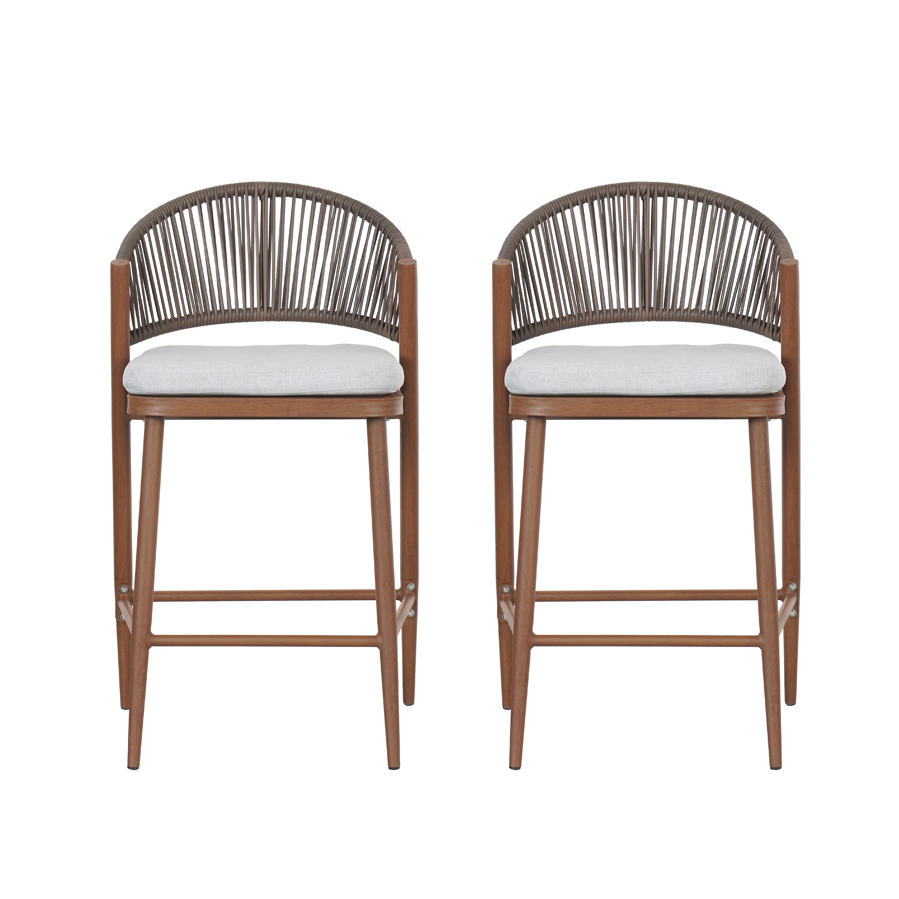 Outdoor 26' Counter Height Aluminum Frame Counter Stools with Scallop-shaped Backrest & Water-resistant Cushions, Set of 2, Teak Finish