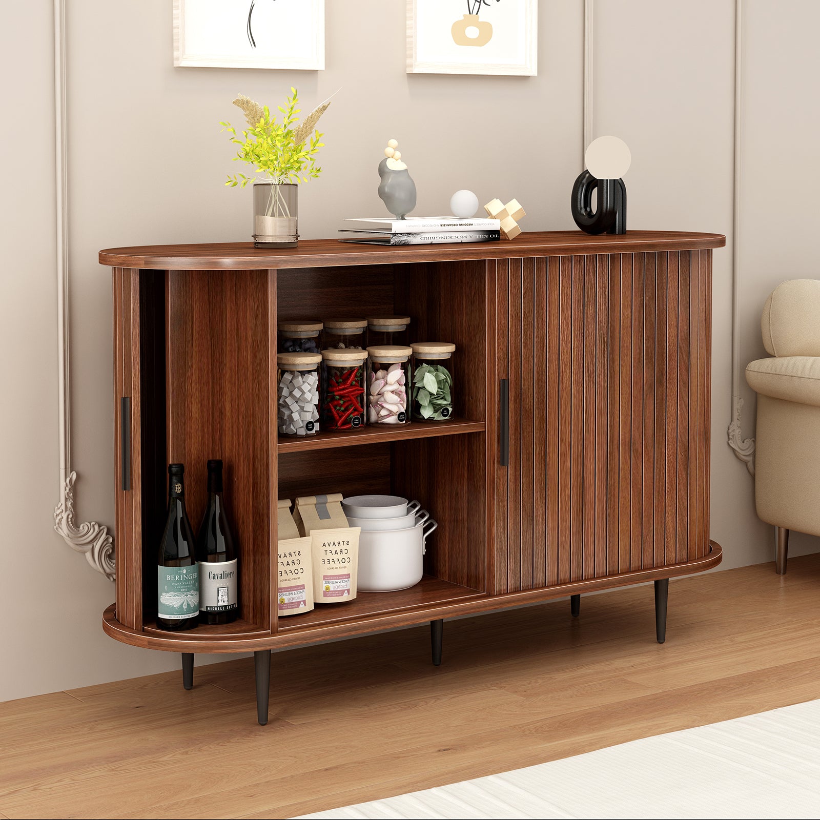 47''W x 29''H Buffet Sideboard Cabinet with Storage, Fluted Storage Accent Cabinet with Curvy Edge, Sliding Door, Credenza, Console Table for Living, Dining Room, Kitchen, Hallway ( WALNUT )