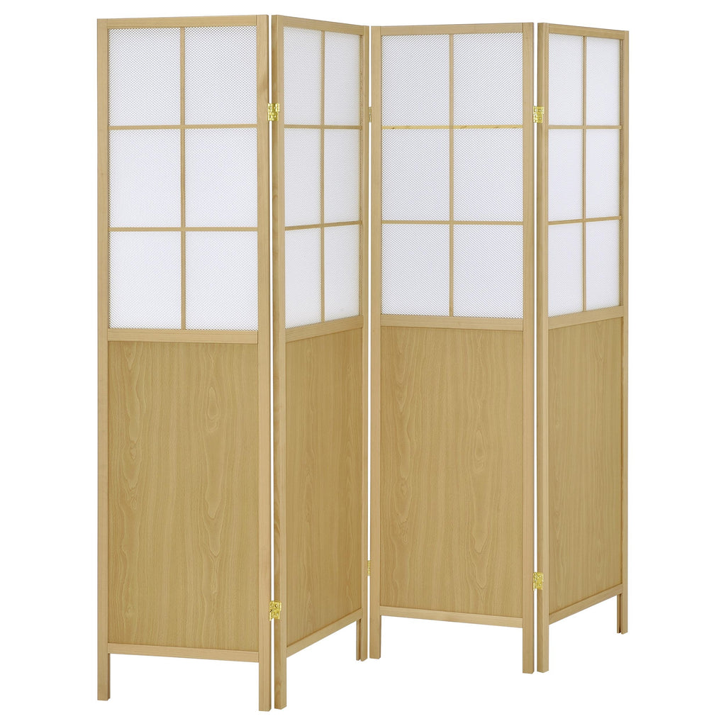 Gabby Natural 4-Panel Room Divider Folding Shoji Screen with Windowpane Details, Natural Wood Frame, Lightweight Polystyrene Panels